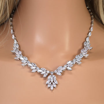 Swarovski Crystal Gleaming Leaflet Bridal Ensemble Diamond/Crystal Necklace, Bridal Necklace Set, Bridal Jewelry, Statement Necklace